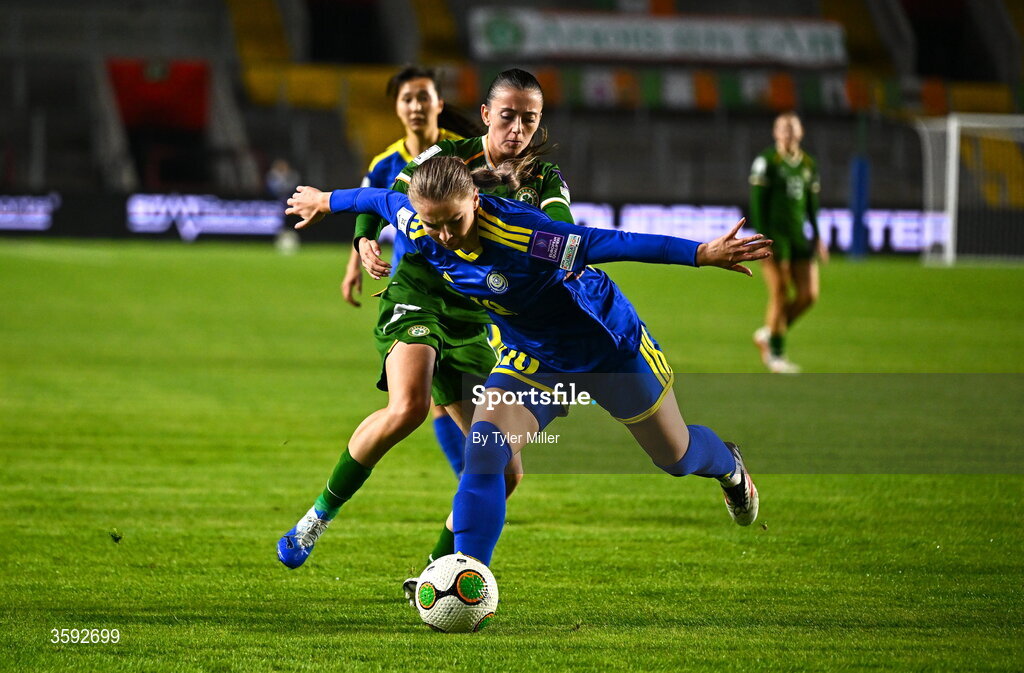13 October 2026; Alexandra Burova of Kazakhstan in action against Abbie Larkin of Republic of Ireland during the 2027 FIFA Women’s World Cup qualifying round 1 play-off second leg match between the Republic of Ireland and Kazakhstan at Páirc Uí Chaoimh in Cork. Photo by Tyler Miller/Sportsfile