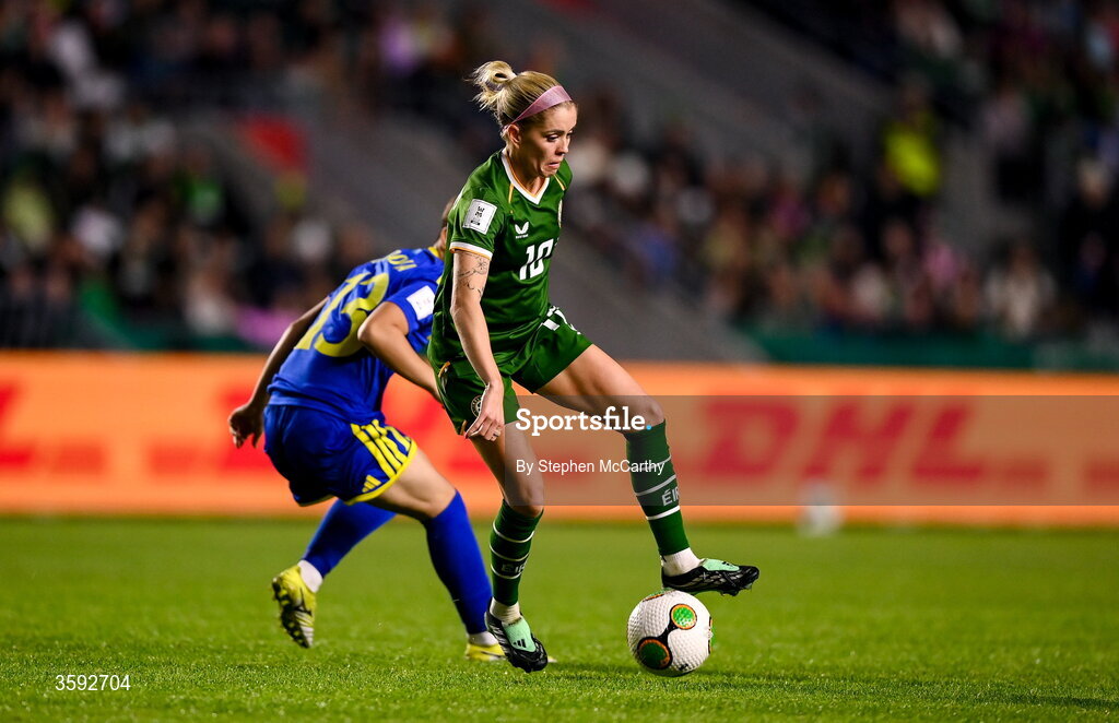 13 October 2026; Denise O’Sullivan of Republic of Ireland in action against Valeriya Popova of Kazakhstan during the 2027 FIFA Women’s World Cup qualifying round 1 play-off second leg match between Republic of Ireland and Kazakhstan at SuperValu Páirc Uí Chaoimh in Cork. Photo by Stephen McCarthy/Sportsfile