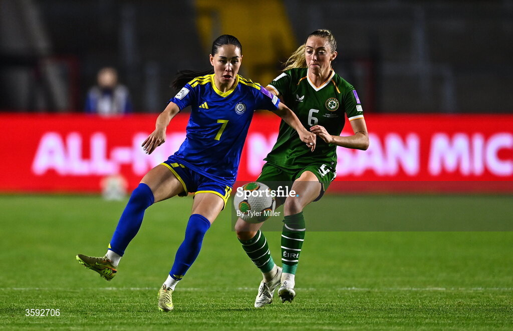 13 October 2026; Leila Sadykova of Kazakhstan in action against Megan Connolly of Republic of Ireland during the 2027 FIFA Women’s World Cup qualifying round 1 play-off second leg match between the Republic of Ireland and Kazakhstan at Páirc Uí Chaoimh in Cork. Photo by Tyler Miller/Sportsfile