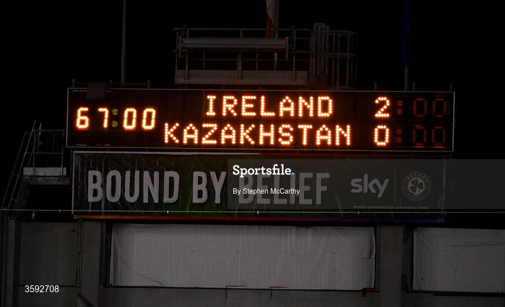 13 October 2026; A general view of the scoreboard during the 2027 FIFA Women’s World Cup qualifying round 1 play-off second leg match between Republic of Ireland and Kazakhstan at SuperValu Páirc Uí Chaoimh in Cork. Photo by Stephen McCarthy/Sportsfile