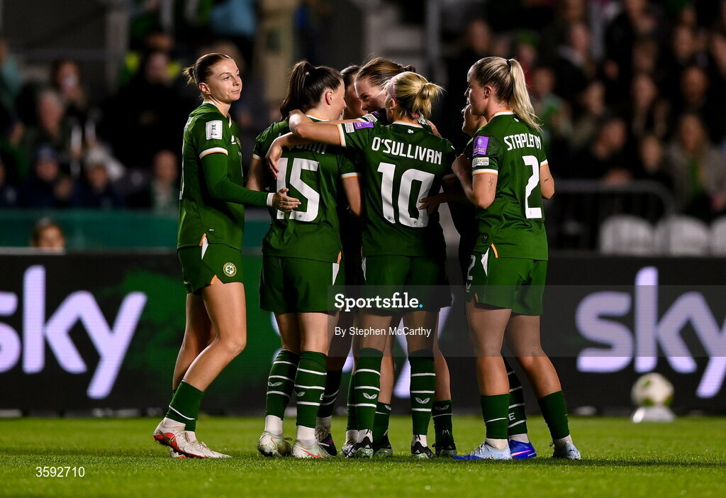 13 October 2026; Lucy Quinn of Republic of Ireland, 15, celebrates with teammates, from left, Hayley Nolan, Emily Murphy, Denise O’Sullivan and Jessie Stapleton after scoring their side's third goal during the 2027 FIFA Women’s World Cup qualifying round 1 play-off second leg match between Republic of Ireland and Kazakhstan at SuperValu Páirc Uí Chaoimh in Cork. Photo by Stephen McCarthy/Sportsfile