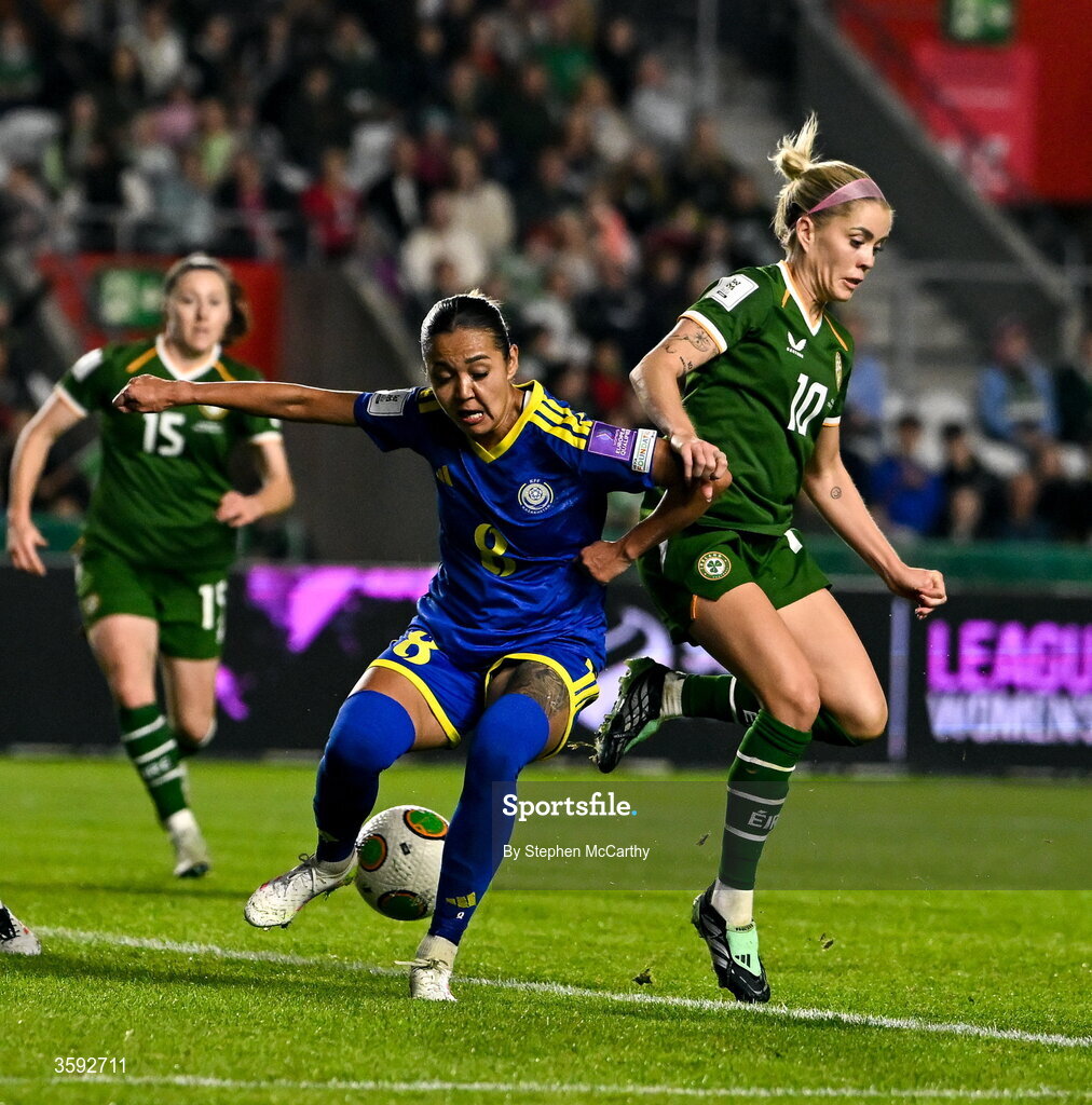 13 October 2026; Denise O’Sullivan of Republic of Ireland in action against Aida Gaistenova of Kazakhstan during the 2027 FIFA Women’s World Cup qualifying round 1 play-off second leg match between Republic of Ireland and Kazakhstan at SuperValu Páirc Uí Chaoimh in Cork. Photo by Stephen McCarthy/Sportsfile