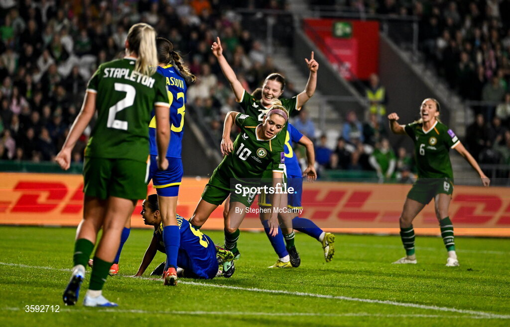 13 October 2026; Denise O’Sullivan of Republic of Ireland after scoring her side's third goal during the 2027 FIFA Women’s World Cup qualifying round 1 play-off second leg match between Republic of Ireland and Kazakhstan at SuperValu Páirc Uí Chaoimh in Cork. Photo by Stephen McCarthy/Sportsfile