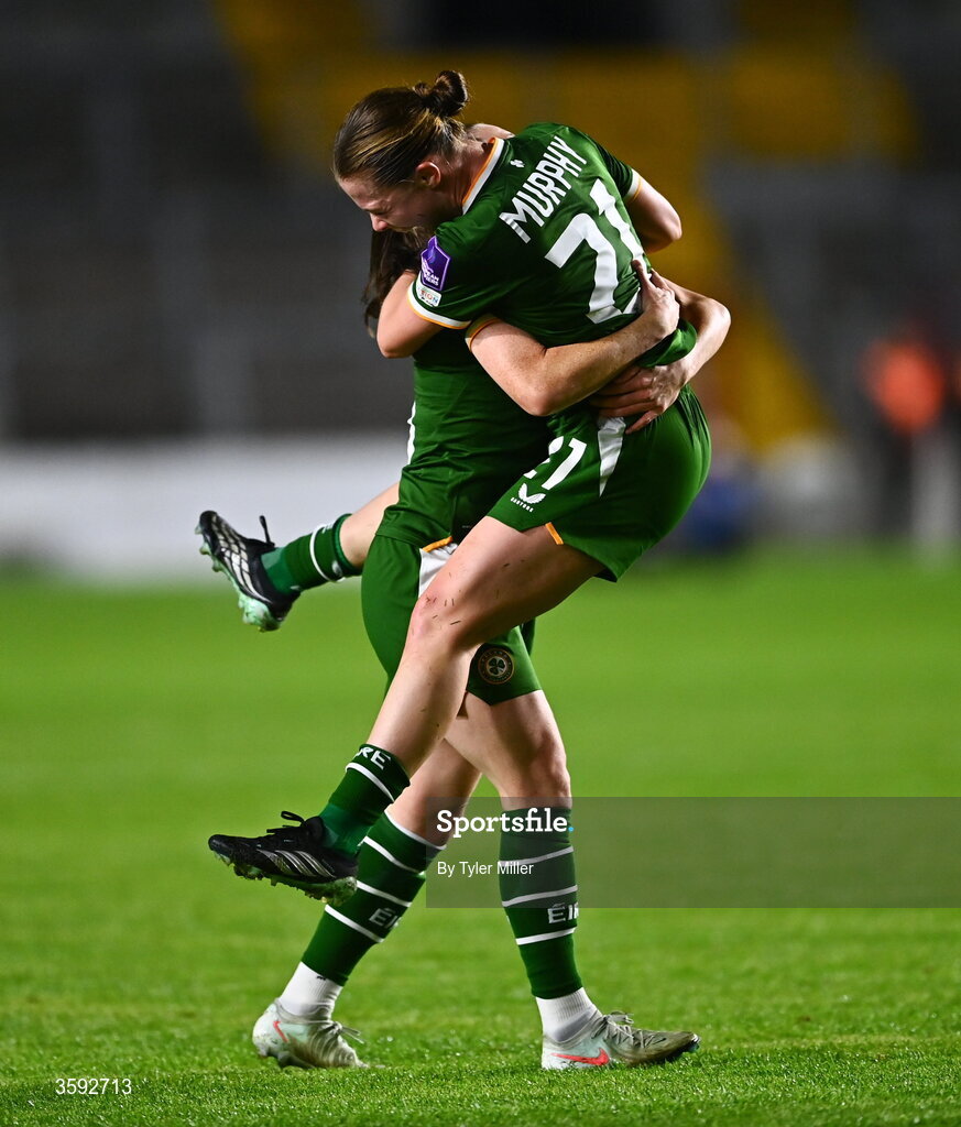 13 October 2026; Lucy Quinn of Republic of Ireland celebrates with teammate Emily Murphy after scoring their side's third goal during the 2027 FIFA Women’s World Cup qualifying round 1 play-off second leg match between the Republic of Ireland and Kazakhstan at Páirc Uí Chaoimh in Cork. Photo by Tyler Miller/Sportsfile