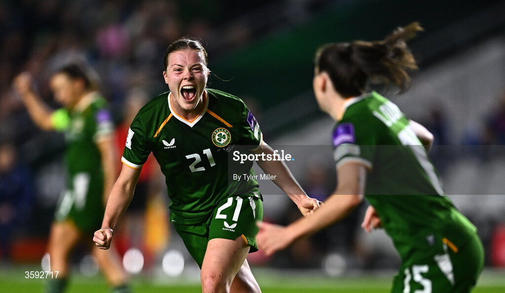 13 October 2026; Emily Murphy of Republic of Ireland celebrates toward scorer of the third goal Lucy Quinn, right, during the 2027 FIFA Women’s World Cup qualifying round 1 play-off second leg match between the Republic of Ireland and Kazakhstan at Páirc Uí Chaoimh in Cork. Photo by Tyler Miller/Sportsfile
