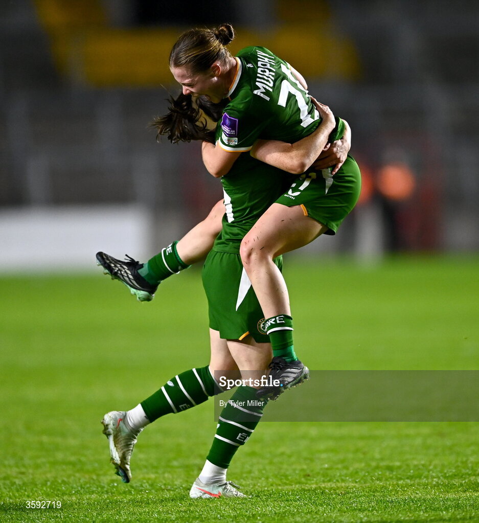 13 October 2026; Lucy Quinn of Republic of Ireland, left, celebrates with teammate Emily Murphy, after scoring their side's third goal during the 2027 FIFA Women’s World Cup qualifying round 1 play-off second leg match between the Republic of Ireland and Kazakhstan at Páirc Uí Chaoimh in Cork. Photo by Tyler Miller/Sportsfile