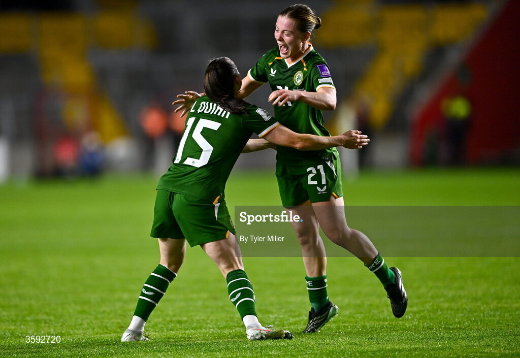 13 October 2026; Lucy Quinn of Republic of Ireland, left, celebrates with teammate Emily Murphy, after scoring their side's third goal during the 2027 FIFA Women’s World Cup qualifying round 1 play-off second leg match between the Republic of Ireland and Kazakhstan at Páirc Uí Chaoimh in Cork. Photo by Tyler Miller/Sportsfile