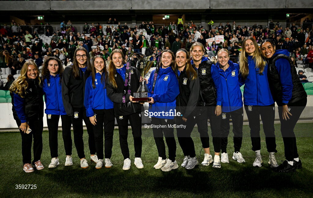 13 October 2026; Athlone Town players, winners of SSE Airtricity Women's Premier Division, are introduced to the crowd at half-time during the 2027 FIFA Women’s World Cup qualifying round 1 play-off second leg match between Republic of Ireland and Kazakhstan at SuperValu Páirc Uí Chaoimh in Cork. Photo by Stephen McCarthy/Sportsfile