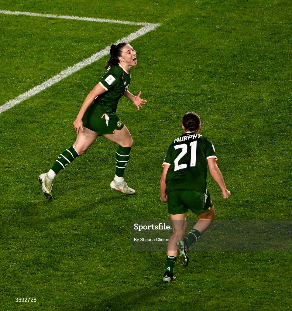 13 October 2026; Lucy Quinn of Republic of Ireland celebrates with teammate Emily Murphy, 21, after scoring their side's third goal during the 2027 FIFA Women’s World Cup qualifying round 1 play-off second leg match between the Republic of Ireland and Kazakhstan at Páirc Uí Chaoimh in Cork. Photo by Shauna Clinton/Sportsfile