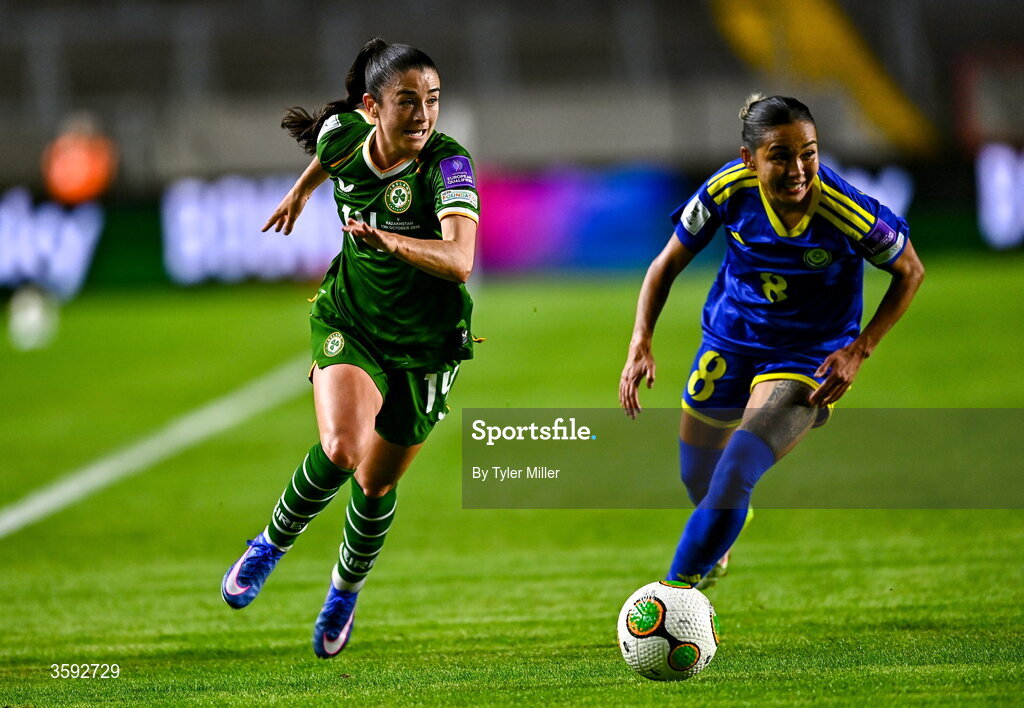 13 October 2026; Marissa Sheva of Republic of Ireland in action against Aida Gaistenova of Kazakhstan during the 2027 FIFA Women’s World Cup qualifying round 1 play-off second leg match between the Republic of Ireland and Kazakhstan at Páirc Uí Chaoimh in Cork. Photo by Tyler Miller/Sportsfile