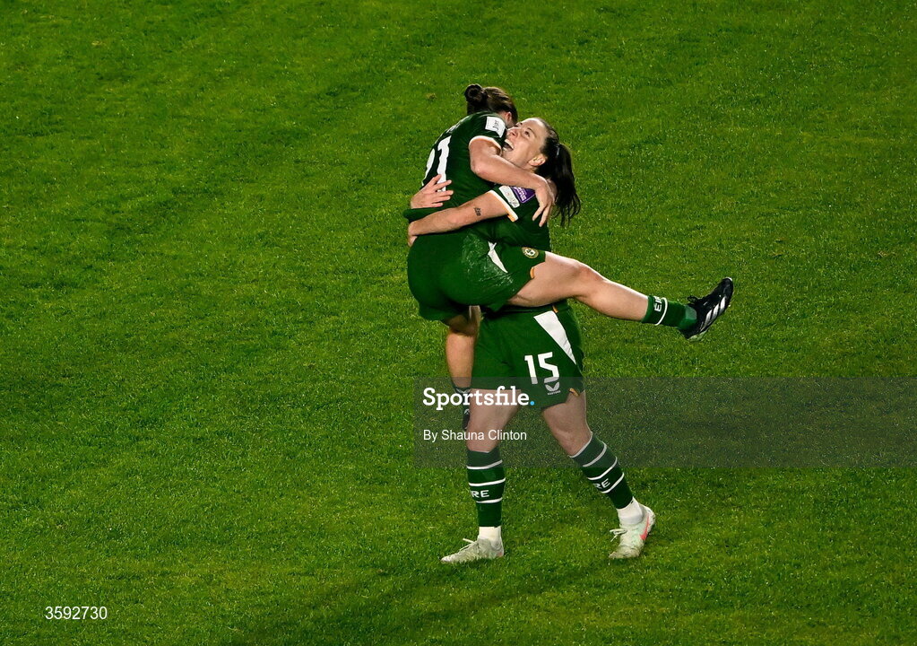 13 October 2026; Lucy Quinn of Republic of Ireland celebrates with teammate Emily Murphy, left, after scoring their side's third goal during the 2027 FIFA Women’s World Cup qualifying round 1 play-off second leg match between the Republic of Ireland and Kazakhstan at Páirc Uí Chaoimh in Cork. Photo by Shauna Clinton/Sportsfile