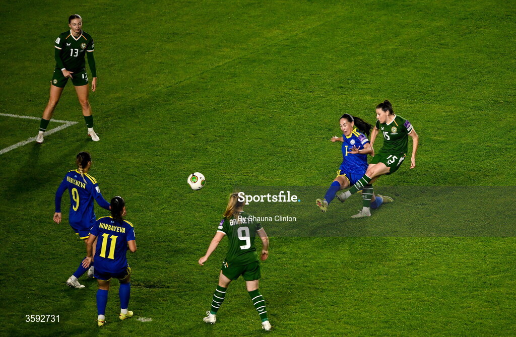 13 October 2026; Lucy Quinn of Republic of Ireland scores her side's third goal during the 2027 FIFA Women’s World Cup qualifying round 1 play-off second leg match between the Republic of Ireland and Kazakhstan at Páirc Uí Chaoimh in Cork. Photo by Shauna Clinton/Sportsfile