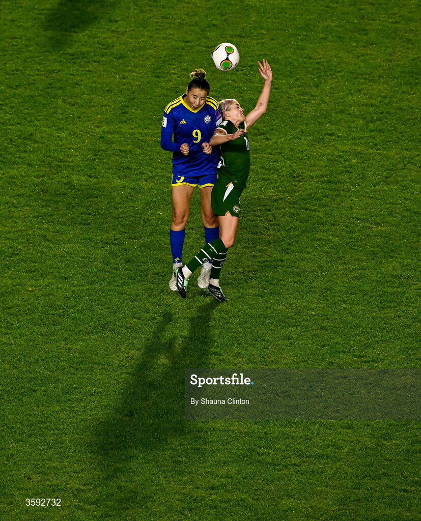 13 October 2026; Denise O’Sullivan of Republic of Ireland in action against Bibigul Nurusheva of Kazakhstan during the 2027 FIFA Women’s World Cup qualifying round 1 play-off second leg match between the Republic of Ireland and Kazakhstan at Páirc Uí Chaoimh in Cork. Photo by Shauna Clinton/Sportsfile