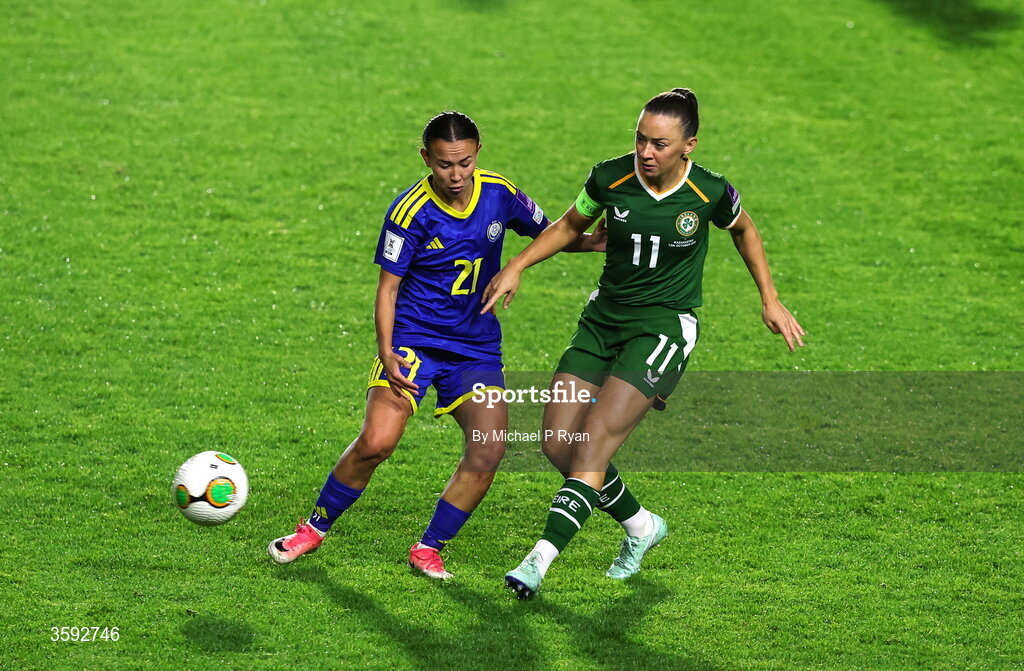 13 October 2026; Katie McCabe of Republic of Ireland in action against Asselkhan Turlybekova of Kazakhstan during the 2027 FIFA Women’s World Cup qualifying round 1 play-off second leg match between Republic of Ireland and Kazakhstan at SuperValu Páirc Uí Chaoimh in Cork. Photo by Michael P Ryan/Sportsfile