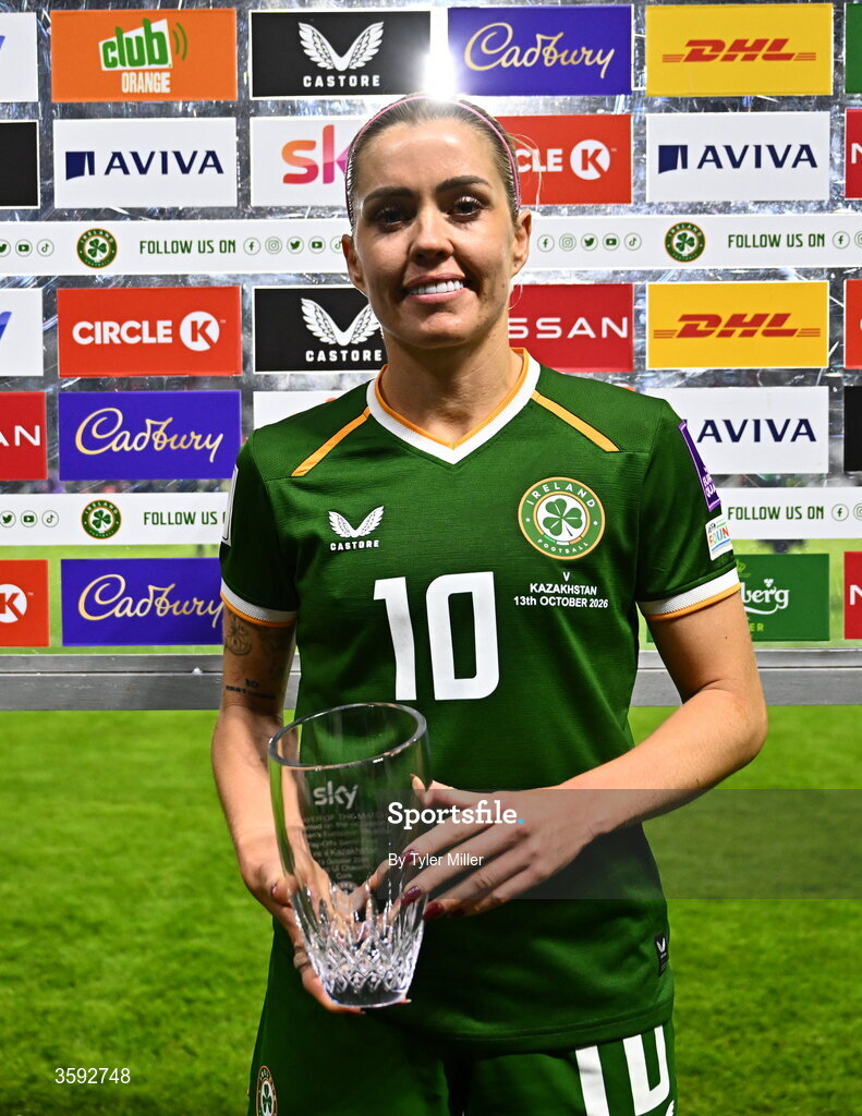 13 October 2026; Denise O’Sullivan of Republic of Ireland is presented the Sky Player of the Match award after the 2027 FIFA Women’s World Cup qualifying round 1 play-off second leg match between the Republic of Ireland and Kazakhstan at Páirc Uí Chaoimh in Cork. Photo by Tyler Miller/Sportsfile