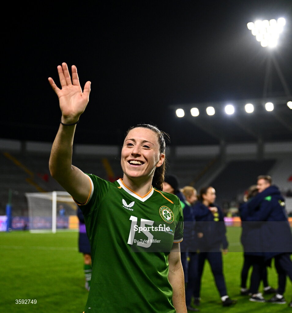 13 October 2026; Lucy Quinn of Republic of Ireland after the 2027 FIFA Women’s World Cup qualifying round 1 play-off second leg match between the Republic of Ireland and Kazakhstan at Páirc Uí Chaoimh in Cork. Photo by Tyler Miller/Sportsfile