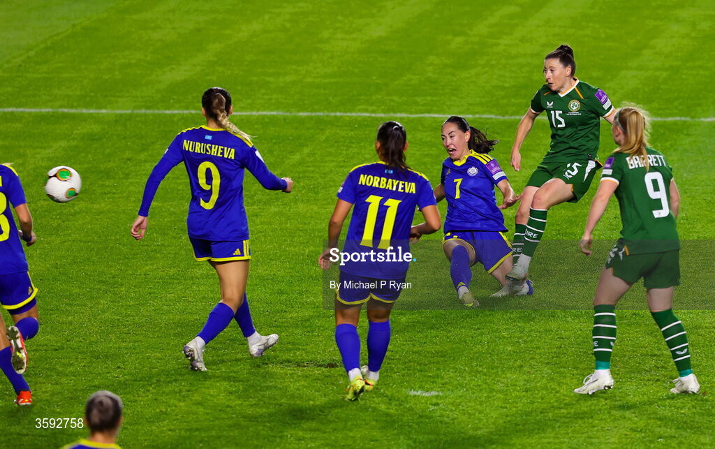 13 October 2026; Lucy Quinn of Republic of Ireland shoots to score her side's third goal during the 2027 FIFA Women’s World Cup qualifying round 1 play-off second leg match between Republic of Ireland and Kazakhstan at SuperValu Páirc Uí Chaoimh in Cork. Photo by Michael P Ryan/Sportsfile