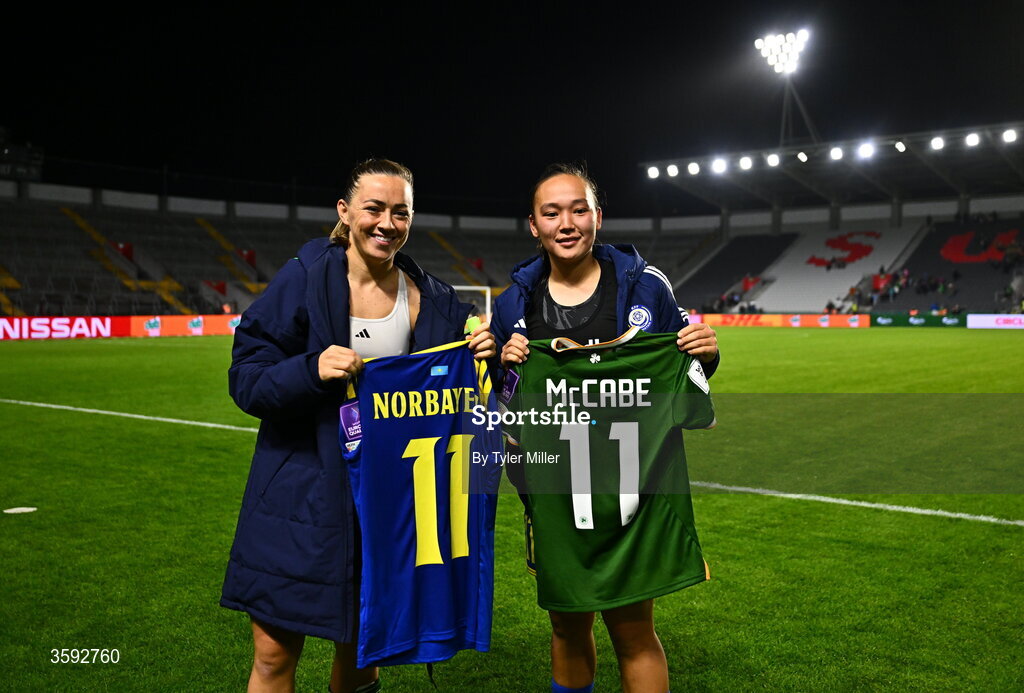 13 October 2026; Katie McCabe of Republic of Ireland and Kazyna Norbayeva of Kazakhstan swap jerseys after the 2027 FIFA Women’s World Cup qualifying round 1 play-off second leg match between the Republic of Ireland and Kazakhstan at Páirc Uí Chaoimh in Cork. Photo by Tyler Miller/Sportsfile