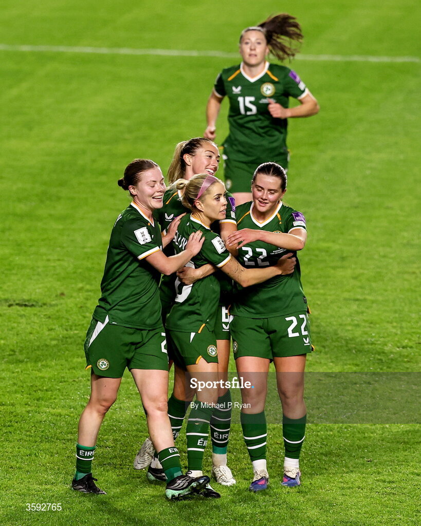 13 October 2026; Denise O'Sullivan of Republic of Ireland, centre, celebrates with teammates after scoring her side's fourth goal during the 2027 FIFA Women’s World Cup qualifying round 1 play-off second leg match between Republic of Ireland and Kazakhstan at SuperValu Páirc Uí Chaoimh in Cork. Photo by Michael P Ryan/Sportsfile