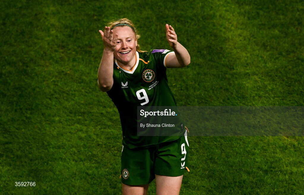 13 October 2026; Amber Barrett of Republic of Ireland after the 2027 FIFA Women’s World Cup qualifying round 1 play-off second leg match between the Republic of Ireland and Kazakhstan at Páirc Uí Chaoimh in Cork. Photo by Shauna Clinton/Sportsfile