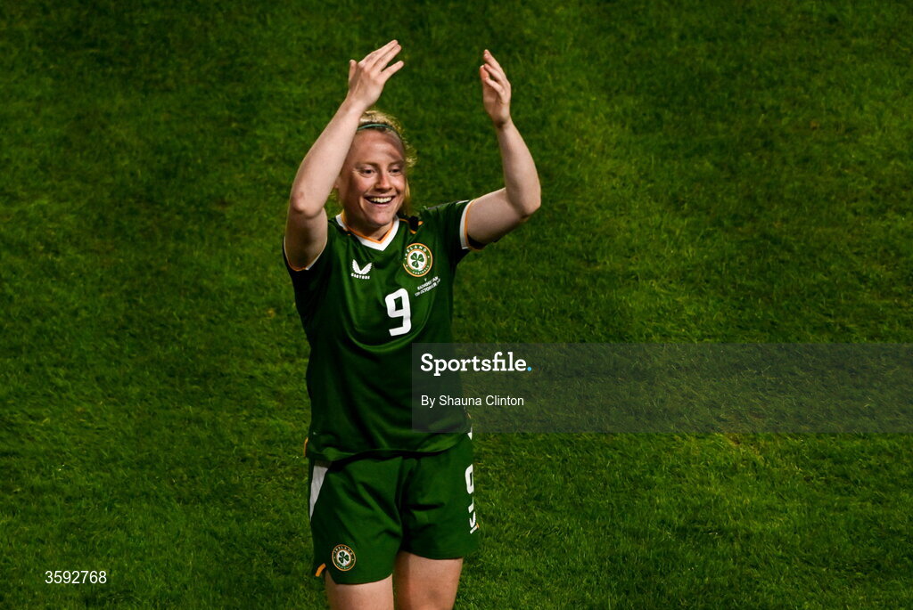 13 October 2026; Amber Barrett of Republic of Ireland after the 2027 FIFA Women’s World Cup qualifying round 1 play-off second leg match between the Republic of Ireland and Kazakhstan at Páirc Uí Chaoimh in Cork. Photo by Shauna Clinton/Sportsfile