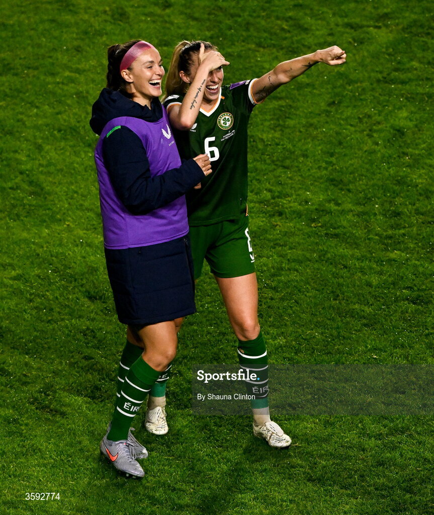 13 October 2026; Caitlin Hayes, left, and Megan Connolly of Republic of Ireland after the 2027 FIFA Women’s World Cup qualifying round 1 play-off second leg match between the Republic of Ireland and Kazakhstan at Páirc Uí Chaoimh in Cork. Photo by Shauna Clinton/Sportsfile