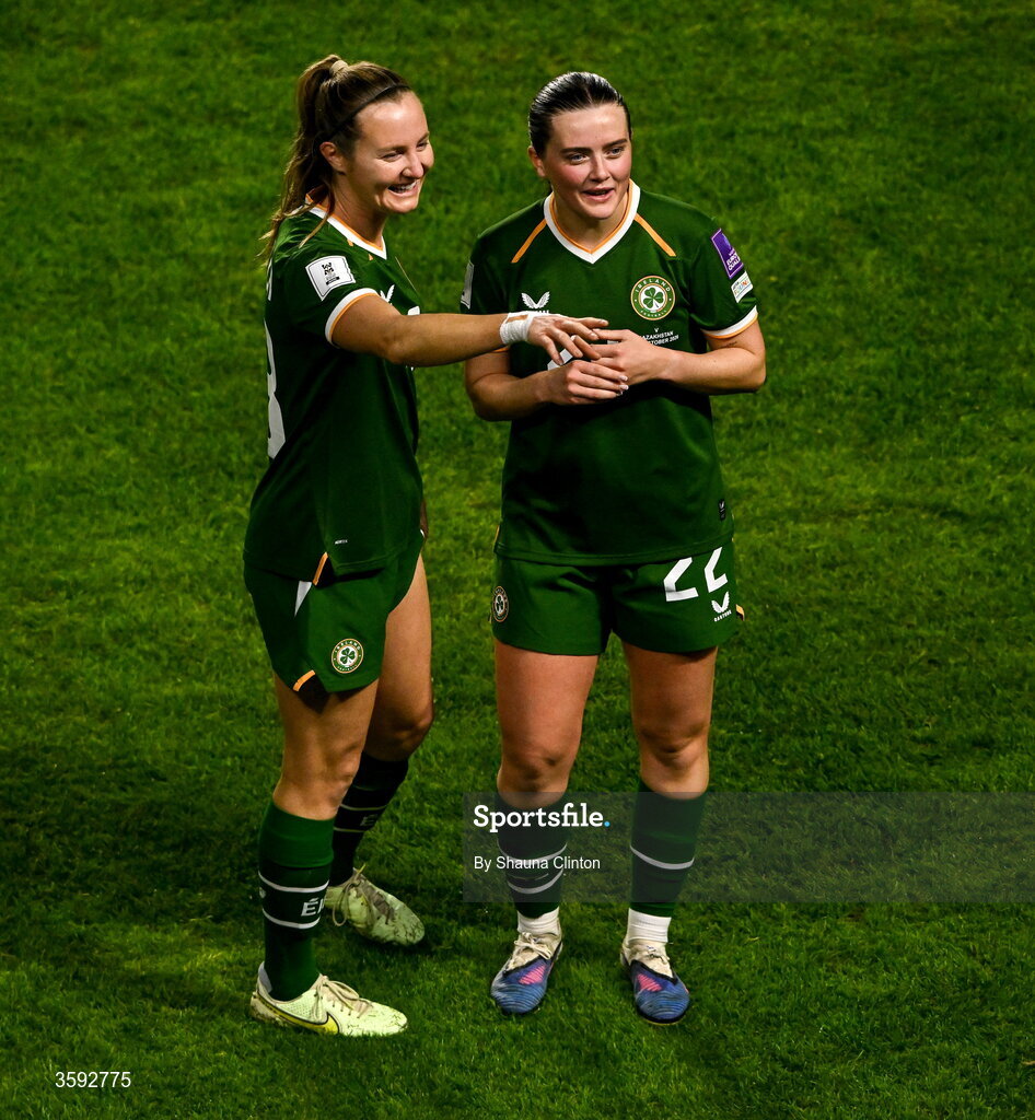 13 October 2026; Kyra Carusa, left, and Tyler Toland of Republic of Ireland after the 2027 FIFA Women’s World Cup qualifying round 1 play-off second leg match between the Republic of Ireland and Kazakhstan at Páirc Uí Chaoimh in Cork. Photo by Shauna Clinton/Sportsfile