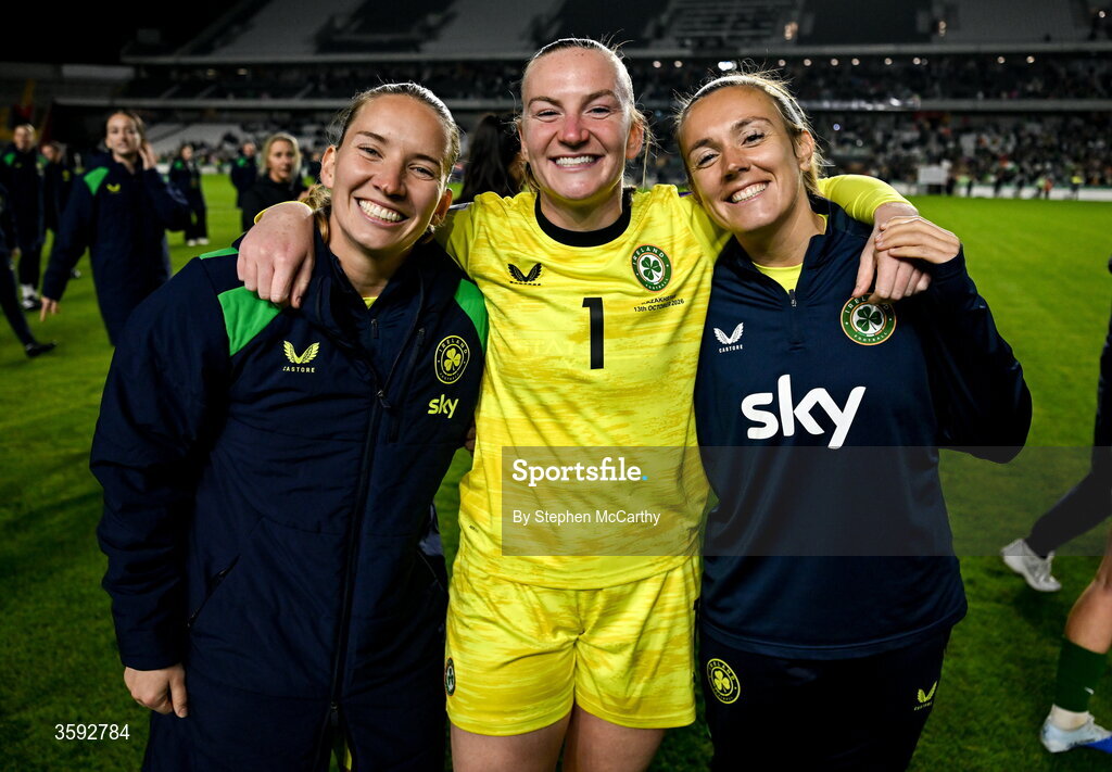 13 October 2026; Republic of Ireland goalkeepers, from left, Sophie Whitehouse, Courtney Brosnan and Grace Moloney after the 2027 FIFA Women’s World Cup qualifying round 1 play-off second leg match between Republic of Ireland and Kazakhstan at SuperValu Páirc Uí Chaoimh in Cork. Photo by Stephen McCarthy/Sportsfile