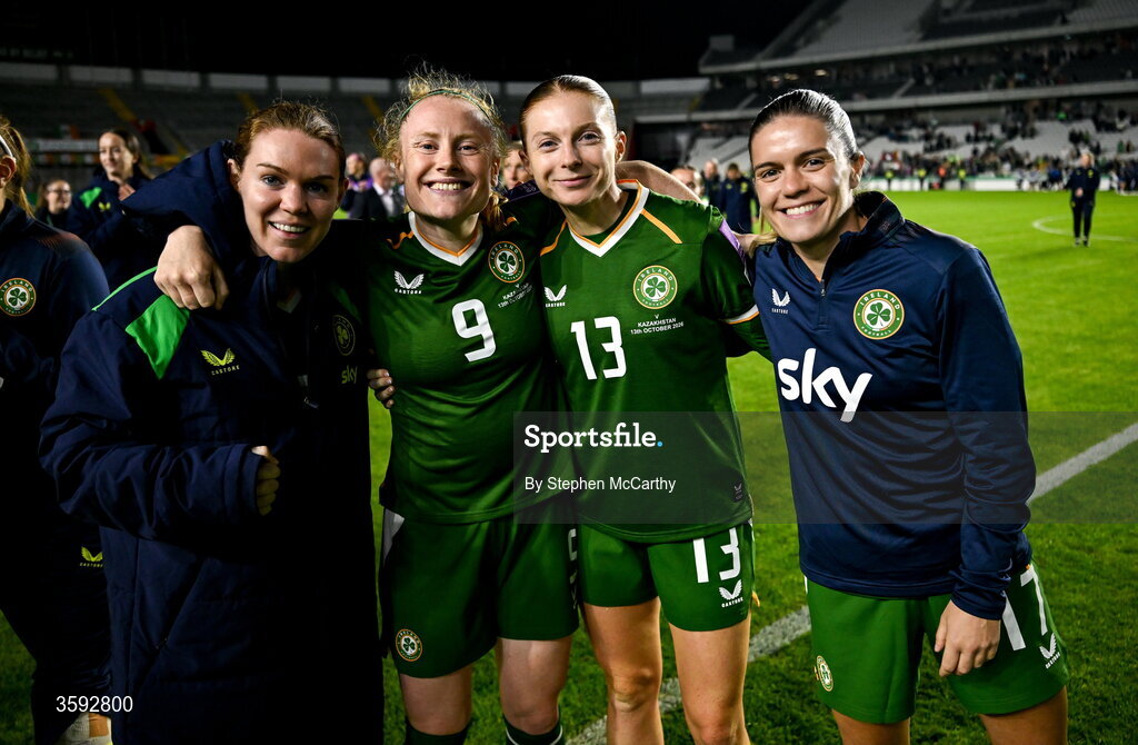 13 October 2026; Republic of Ireland players, Aoife Mannion, Amber Barrett, Hayley Nolan and Jamie Finn after the 2027 FIFA Women’s World Cup qualifying round 1 play-off second leg match between Republic of Ireland and Kazakhstan at SuperValu Páirc Uí Chaoimh in Cork. Photo by Stephen McCarthy/Sportsfile