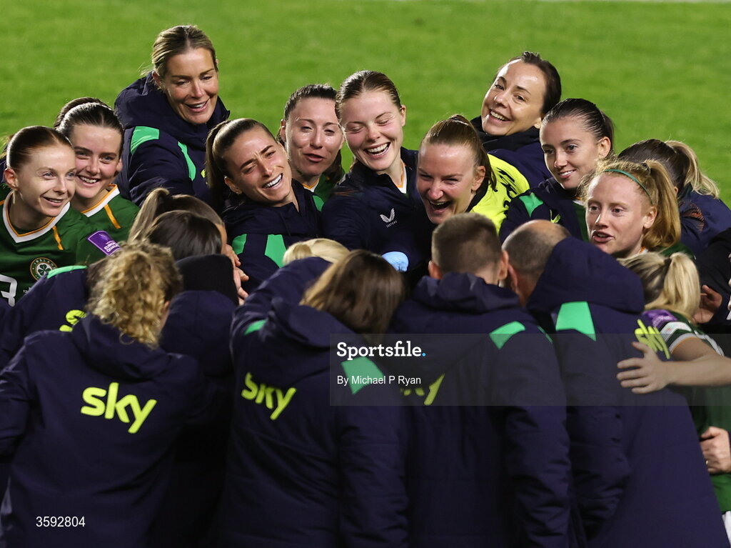 13 October 2026; Players and management huddle after the 2027 FIFA Women’s World Cup qualifying round 1 play-off second leg match between Republic of Ireland and Kazakhstan at SuperValu Páirc Uí Chaoimh in Cork. Photo by Michael P Ryan/Sportsfile