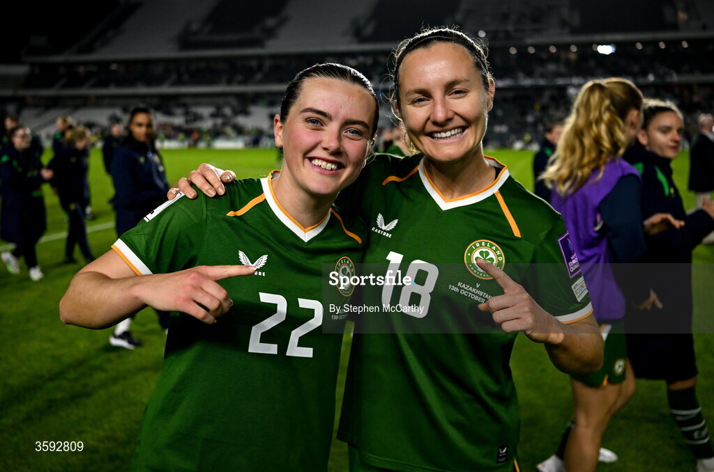13 October 2026; Tyler Toland, left, and Kyra Carusa of Republic of Ireland after the 2027 FIFA Women’s World Cup qualifying round 1 play-off second leg match between Republic of Ireland and Kazakhstan at SuperValu Páirc Uí Chaoimh in Cork. Photo by Stephen McCarthy/Sportsfile