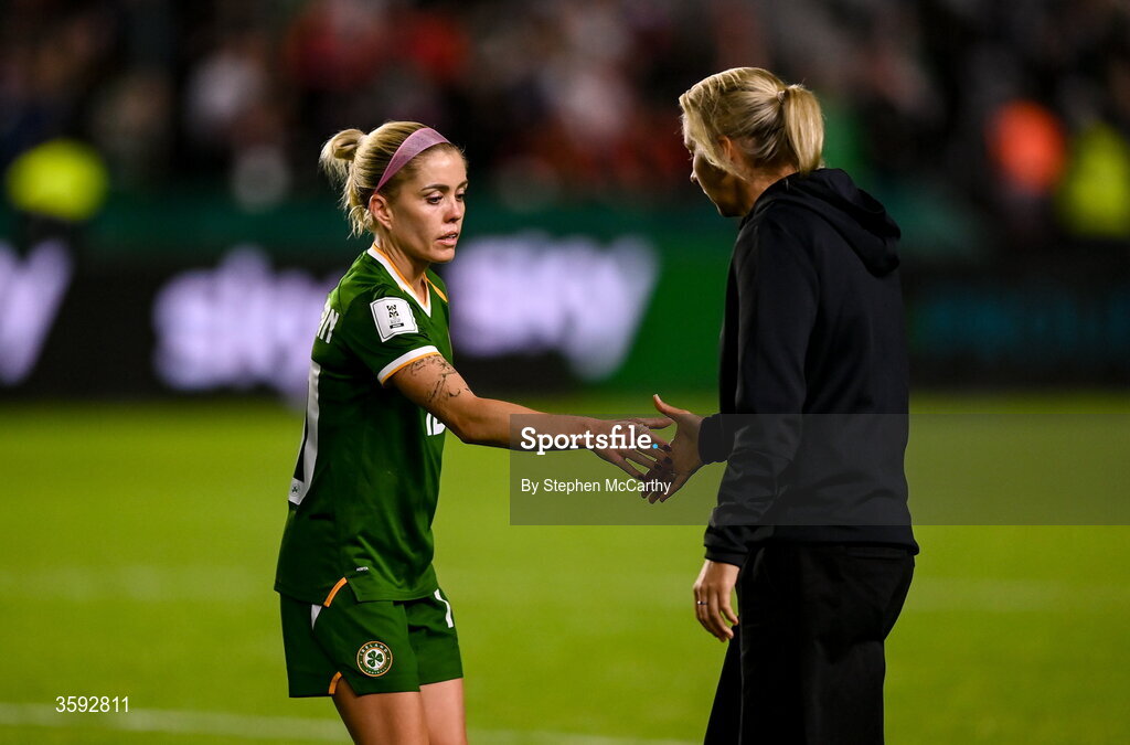 13 October 2026; Denise O’Sullivan of Republic of Ireland with Republic of Ireland head coach Carla Ward after the 2027 FIFA Women’s World Cup qualifying round 1 play-off second leg match between Republic of Ireland and Kazakhstan at SuperValu Páirc Uí Chaoimh in Cork. Photo by Stephen McCarthy/Sportsfile