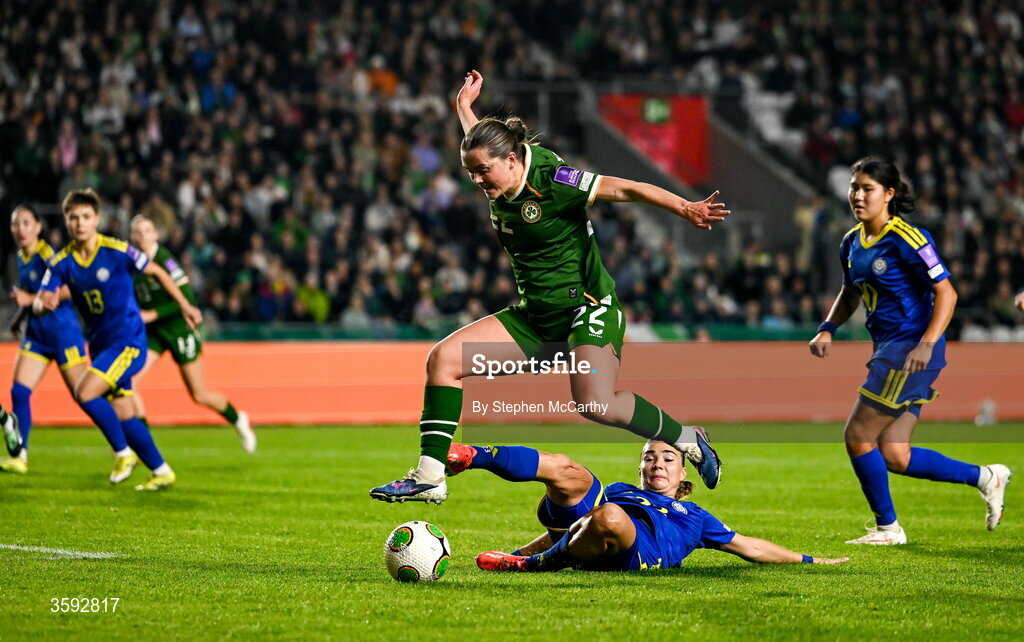13 October 2026; Tyler Toland of Republic of Ireland and Anastassiya Vlassova of Kazakhstan during the 2027 FIFA Women’s World Cup qualifying round 1 play-off second leg match between Republic of Ireland and Kazakhstan at SuperValu Páirc Uí Chaoimh in Cork. Photo by Stephen McCarthy/Sportsfile
