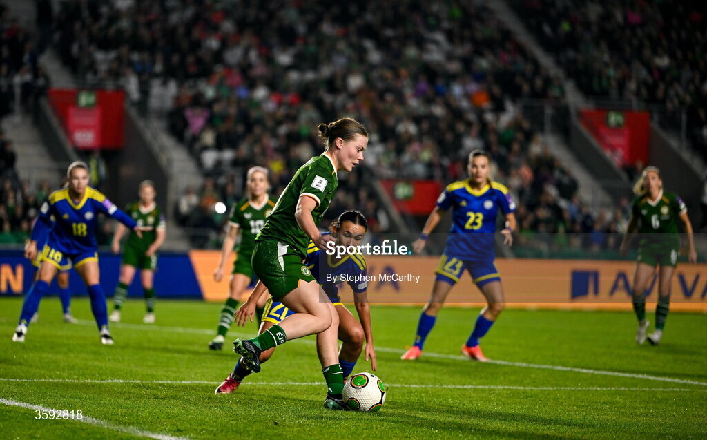 13 October 2026; Emily Murphy of Republic of Ireland and Asselkhan Turlybekova of Kazakhstan during the 2027 FIFA Women’s World Cup qualifying round 1 play-off second leg match between Republic of Ireland and Kazakhstan at SuperValu Páirc Uí Chaoimh in Cork. Photo by Stephen McCarthy/Sportsfile