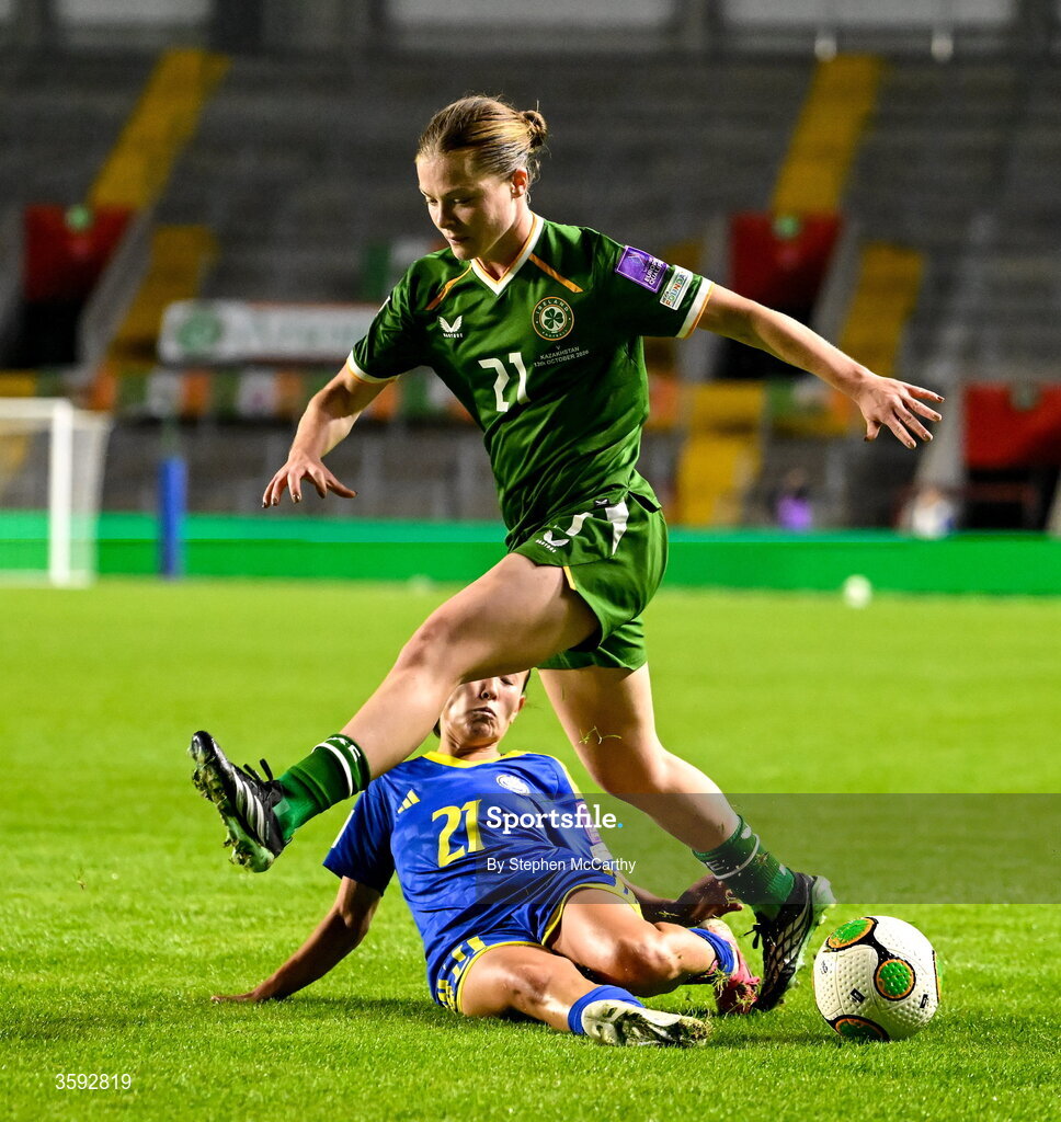 13 October 2026; Emily Murphy of Republic of Ireland and Asselkhan Turlybekova of Kazakhstan during the 2027 FIFA Women’s World Cup qualifying round 1 play-off second leg match between Republic of Ireland and Kazakhstan at SuperValu Páirc Uí Chaoimh in Cork. Photo by Stephen McCarthy/Sportsfile