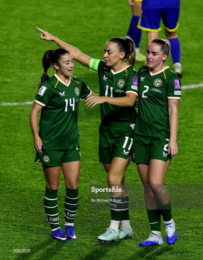 13 October 2026; Katie McCabe of Republic of Ireland, centre, celebrates after scoring her side's second goal during the 2027 FIFA Women’s World Cup qualifying round 1 play-off second leg match between Republic of Ireland and Kazakhstan at SuperValu Páirc Uí Chaoimh in Cork. Photo by Michael P Ryan/Sportsfile