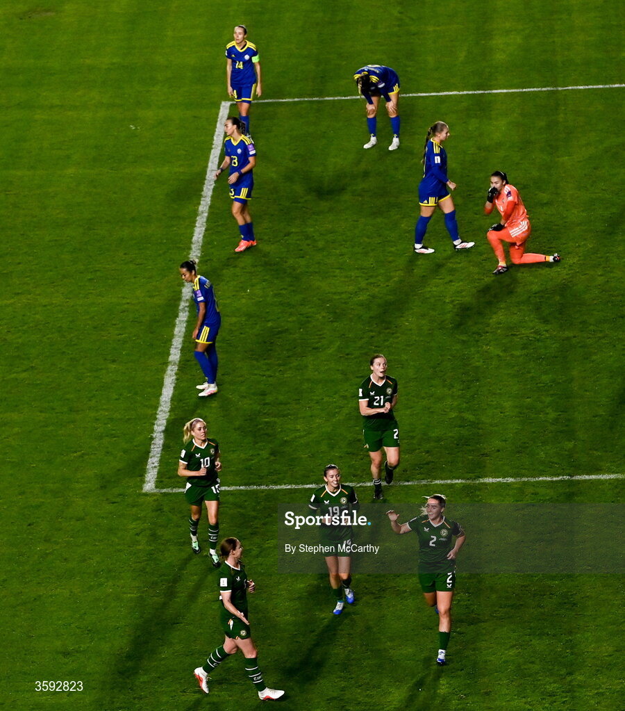 13 October 2026; Jessie Stapleton of Republic of Ireland, 2, celebrates after scoring her side's first goal during the 2027 FIFA Women’s World Cup qualifying round 1 play-off second leg match between Republic of Ireland and Kazakhstan at SuperValu Páirc Uí Chaoimh in Cork. Photo by Stephen McCarthy/Sportsfile