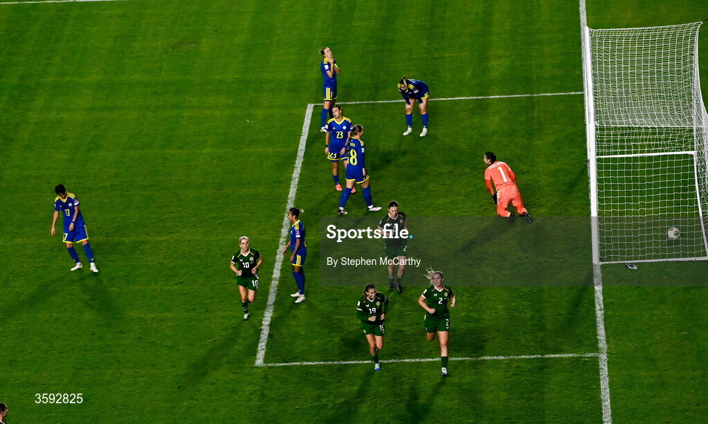 13 October 2026; Jessie Stapleton of Republic of Ireland, 2, celebrates after scoring her side's first goal during the 2027 FIFA Women’s World Cup qualifying round 1 play-off second leg match between Republic of Ireland and Kazakhstan at SuperValu Páirc Uí Chaoimh in Cork. Photo by Stephen McCarthy/Sportsfile