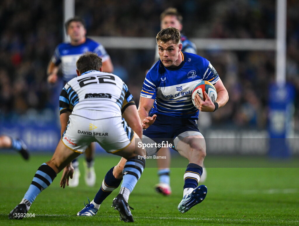 10 October 2026; Garry Ringrose of Leinster in action against Jarrod Evans of Cardiff during the United Rugby Championship match between Leinster and Cardiff at the Laya Arena in Dublin. Photo by Sam Barnes/Sportsfile