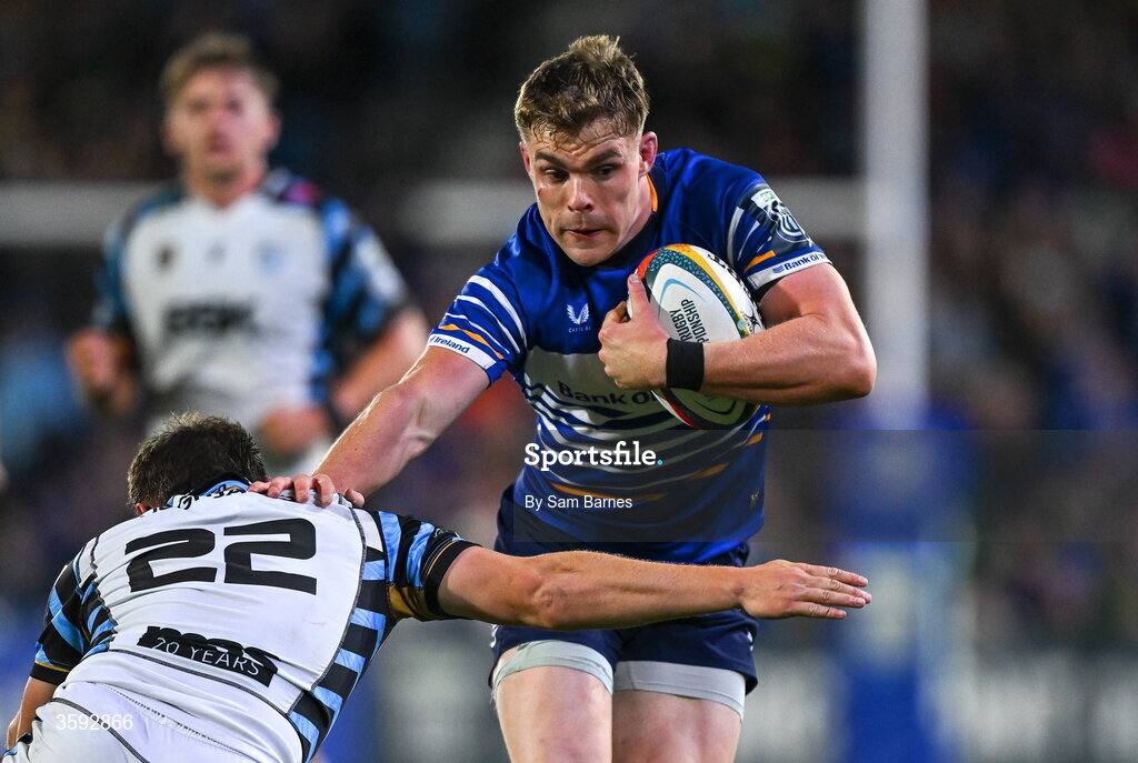 10 October 2026; Garry Ringrose of Leinster in action against Jarrod Evans of Cardiff during the United Rugby Championship match between Leinster and Cardiff at the Laya Arena in Dublin. Photo by Sam Barnes/Sportsfile