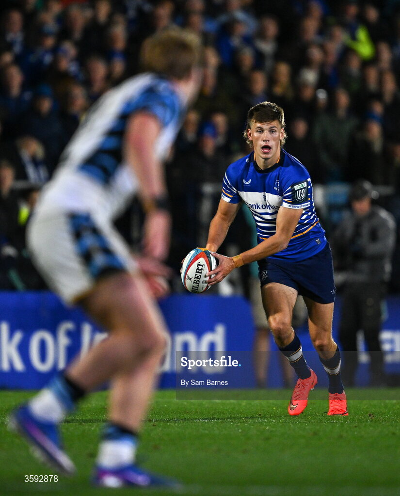 10 October 2026; Sam Prendergast of Leinster during the United Rugby Championship match between Leinster and Cardiff at the Laya Arena in Dublin. Photo by Sam Barnes/Sportsfile