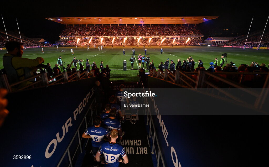 10 October 2026; Leinster players make their way on to the pitch before the United Rugby Championship match between Leinster and Cardiff at the Laya Arena in Dublin. Photo by Sam Barnes/Sportsfile