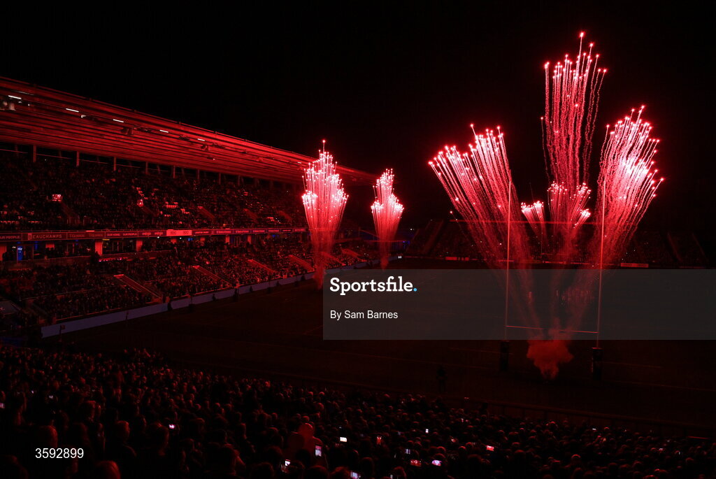 10 October 2026; Fireworks before the United Rugby Championship match between Leinster and Cardiff at the Laya Arena in Dublin. Photo by Sam Barnes/Sportsfile