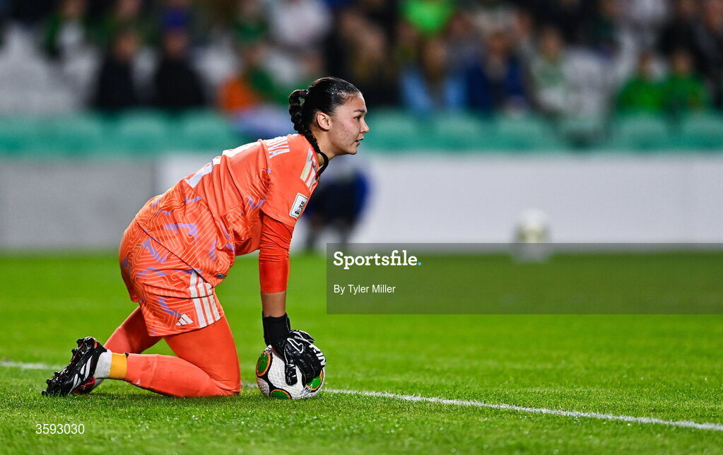 13 October 2026; Kazakhstan goalkeeper Angelina Portnova during the 2027 FIFA Women’s World Cup qualifying round 1 play-off second leg match between the Republic of Ireland and Kazakhstan at Páirc Uí Chaoimh in Cork. Photo by Tyler Miller/Sportsfile