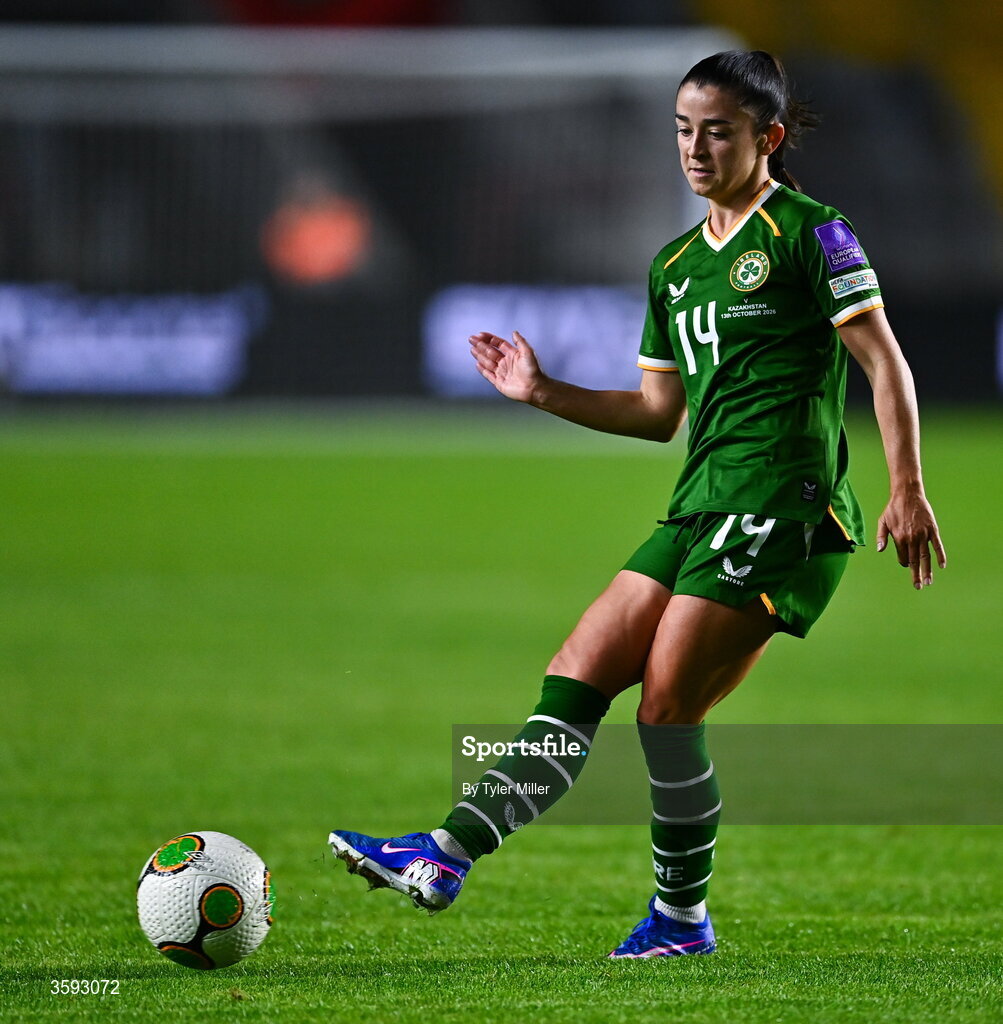 13 October 2026; Marissa Sheva of Republic of Ireland during the 2027 FIFA Women’s World Cup qualifying round 1 play-off second leg match between the Republic of Ireland and Kazakhstan at Páirc Uí Chaoimh in Cork. Photo by Tyler Miller/Sportsfile