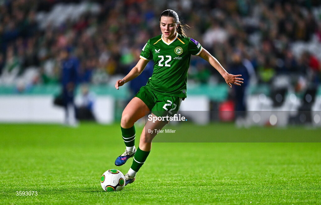 13 October 2026; Tyler Toland of Republic of Ireland during the 2027 FIFA Women’s World Cup qualifying round 1 play-off second leg match between the Republic of Ireland and Kazakhstan at Páirc Uí Chaoimh in Cork. Photo by Tyler Miller/Sportsfile