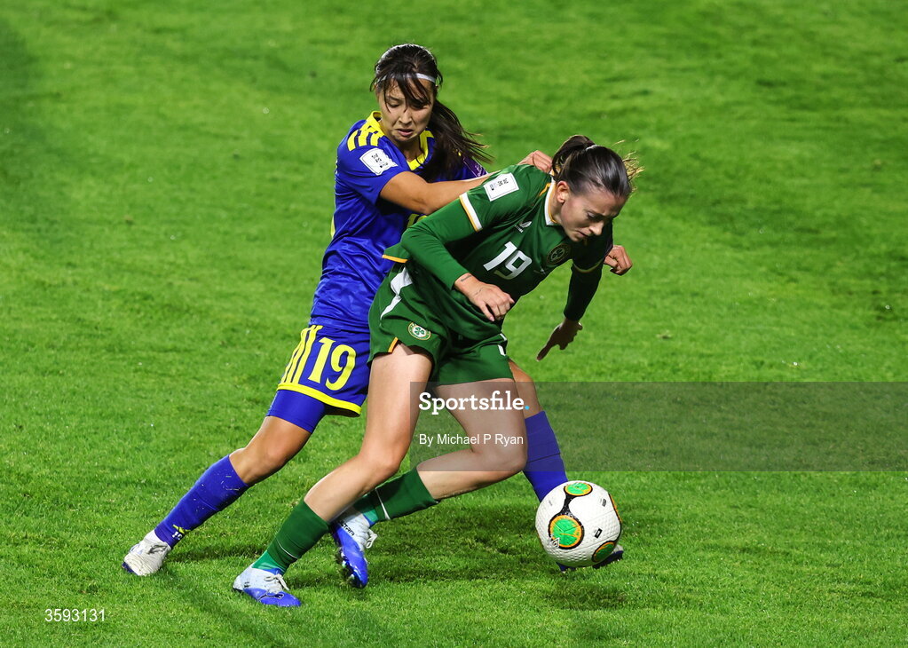 13 October 2026; Abbie Larkin of Republic of Ireland in action against Fatima Satygaliyeva of Kazakhstan during the 2027 FIFA Women’s World Cup qualifying round 1 play-off second leg match between Republic of Ireland and Kazakhstan at SuperValu Páirc Uí Chaoimh in Cork. Photo by Michael P Ryan/Sportsfile