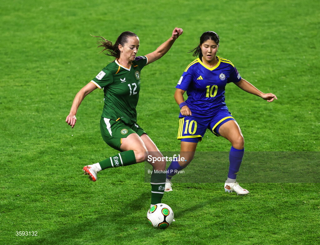 13 October 2026; Anna Patten of Republic of Ireland in action against Amina Bibossynova of Kazakhstan during the 2027 FIFA Women’s World Cup qualifying round 1 play-off second leg match between Republic of Ireland and Kazakhstan at SuperValu Páirc Uí Chaoimh in Cork. Photo by Michael P Ryan/Sportsfile
