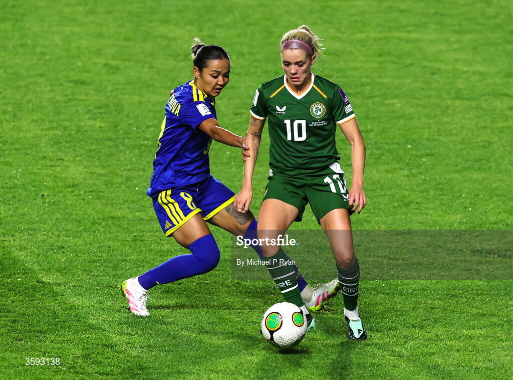 13 October 2026; Denise O'Sullivan of Republic of Ireland in action against Aida Gaistenova of Kazakhstan   during the 2027 FIFA Women’s World Cup qualifying round 1 play-off second leg match between Republic of Ireland and Kazakhstan at SuperValu Páirc Uí Chaoimh in Cork. Photo by Michael P Ryan/Sportsfile
