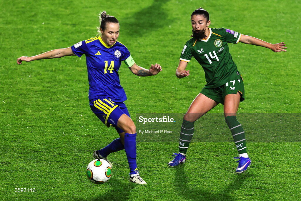 13 October 2026; Marissa Sheva of Republic of Ireland in action against Yekaterina Babshuk of Kazakhstan during the 2027 FIFA Women’s World Cup qualifying round 1 play-off second leg match between Republic of Ireland and Kazakhstan at SuperValu Páirc Uí Chaoimh in Cork. Photo by Michael P Ryan/Sportsfile